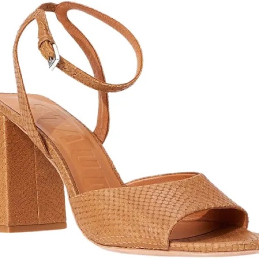 Staud Solange Tan Snakeskin Block Heel Sandals, Size US 10, IT/EU 41.5